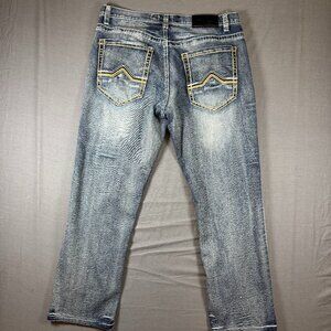 True Luck Jeans Mens 34x30 Blue Distressed Faded Straight Leg Denim Stretch
